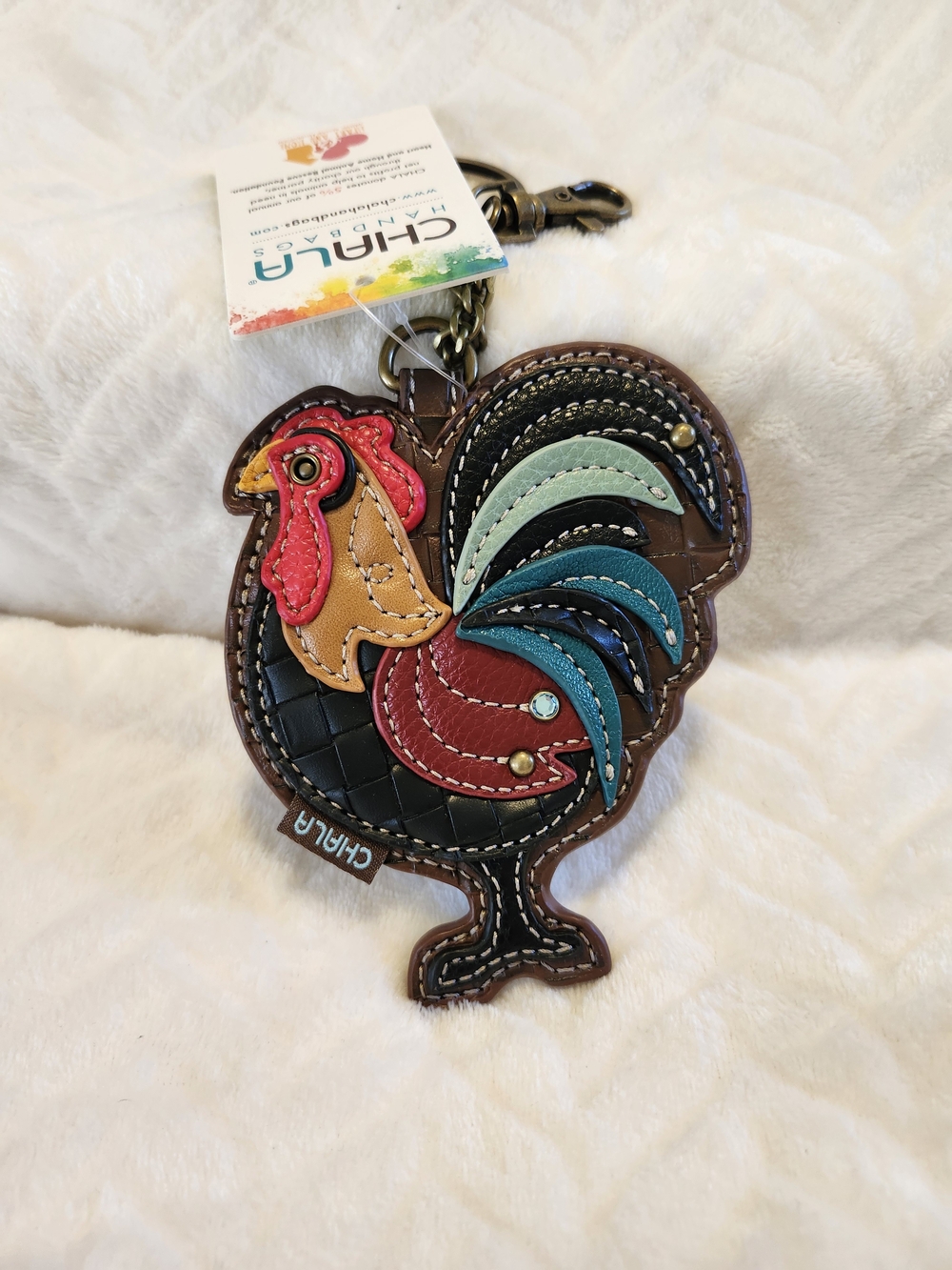 Chala Brown Woven Leather Rooster Coin Pouch Keychain